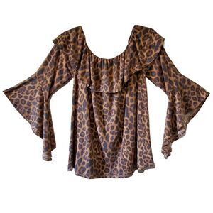 L&B Blouse Top Womens S Brown Leopard Off Shoulder Flutter Sleeve Stretch Boho